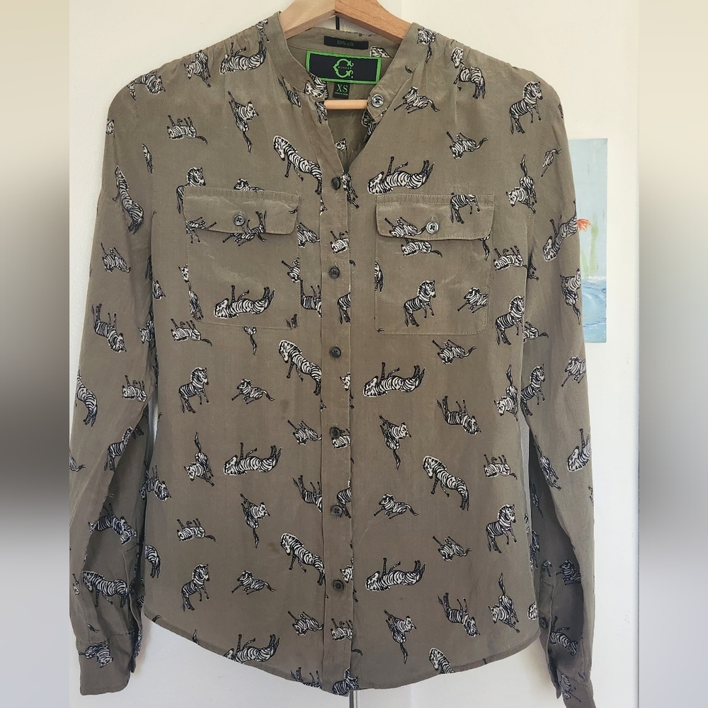 100% Silk Olive  Button-Up Shirt with Zebra Print